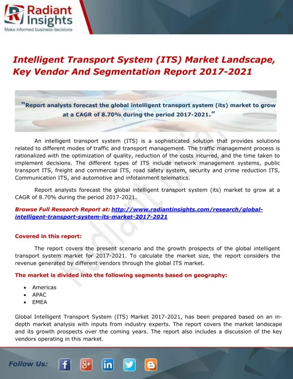 Global Intelligent Transport System (ITS) Market Research, Forecast And Share Report 2017-2021