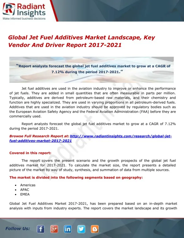 Jet Fuel Additives Market Region, Type And Application Report 2017-2021