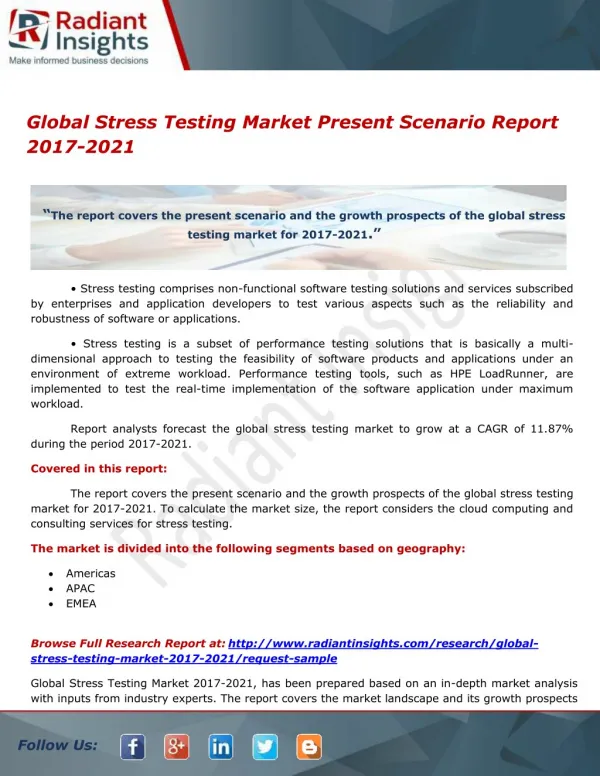 Global Stress Testing Market Report To Grow At A CAGR Of 11.87% To 2017-2021