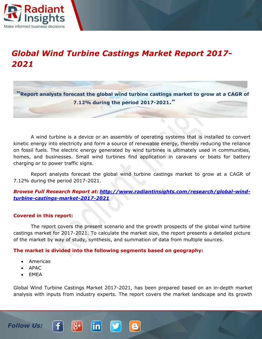 global wind turbine castings market report 2017
