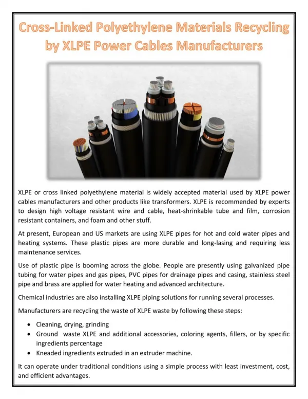 Cross-Linked Polyethylene Materials Recycling by XLPE Power Cables Manufacturers