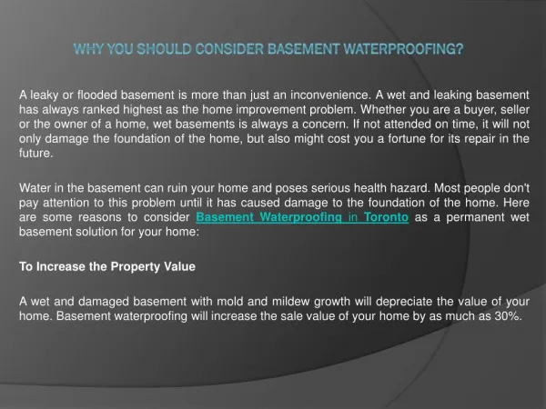 Why you Should Consider Basement Waterproofing?