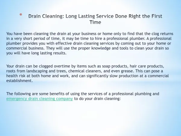 Drain Cleaning: Long Lasting Service Done Right the First Time