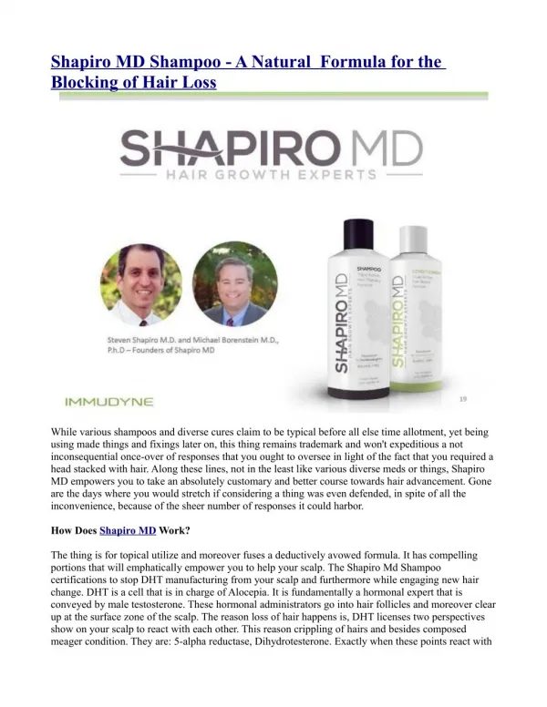 Shapiro MD Shampoo - A Natural Formula for the Blocking of Hair Loss