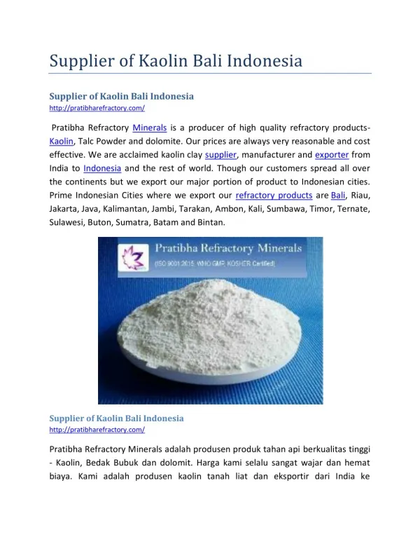 Supplier of Kaolin Bali Indonesia