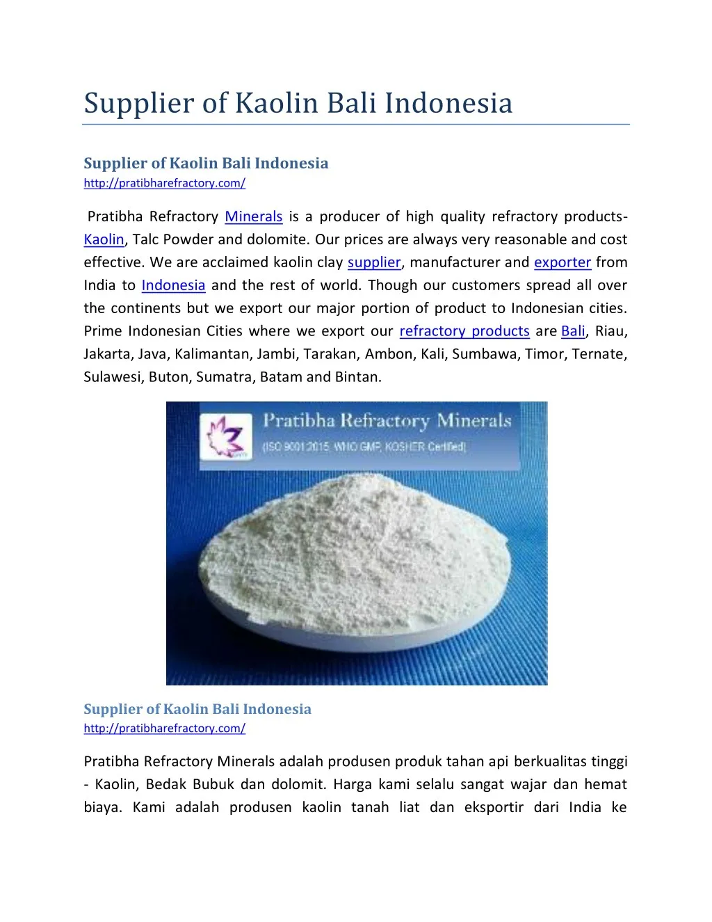 supplier of kaolin bali indonesia