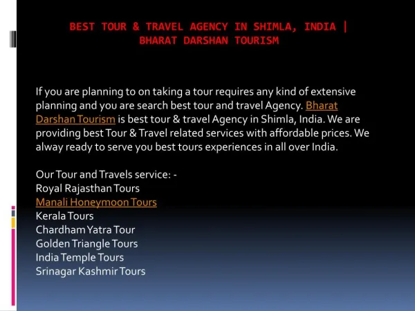 Best Tour & Travel Agency in Shimla, India | Bharat Darshan Tourism