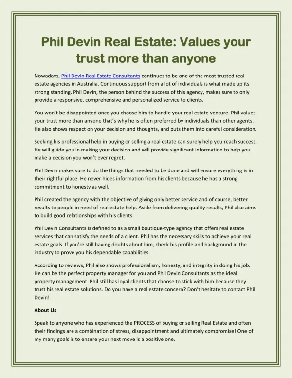 Phil Devin Real Estate: Values your trust more than anyone
