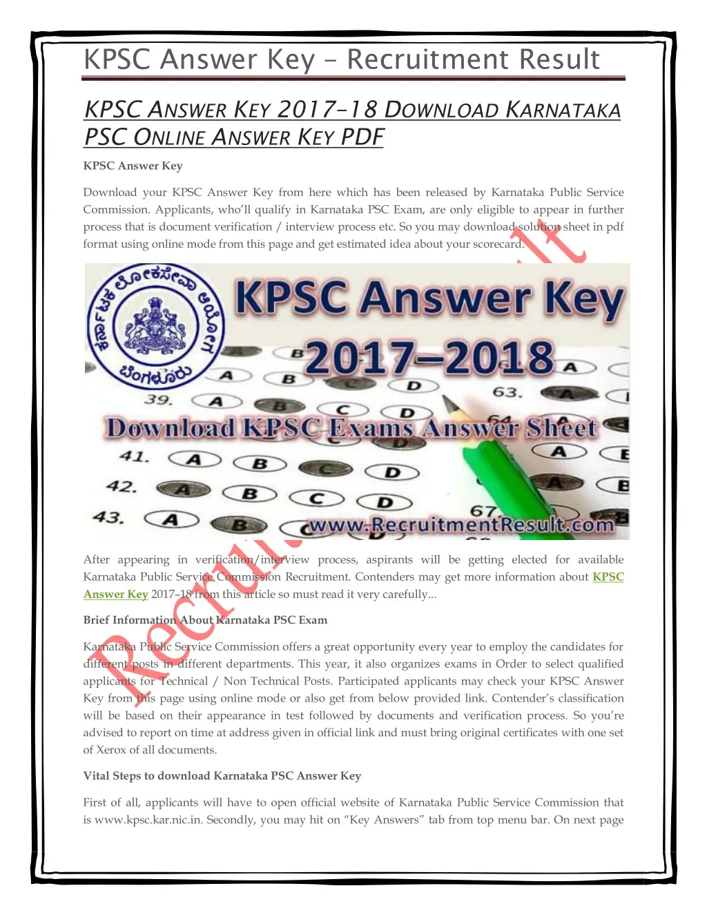 kpsc answer key recruitment result