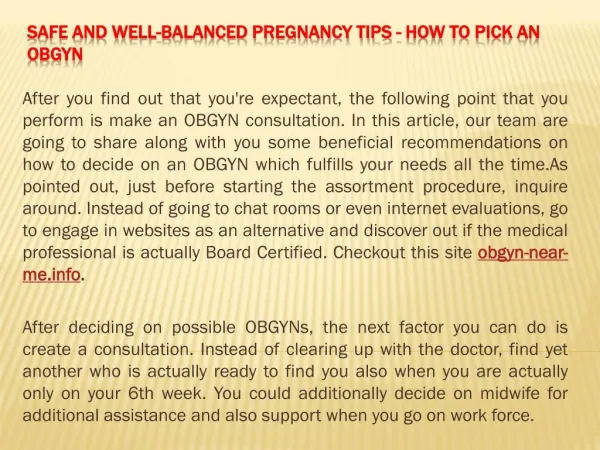 Safe and Well-balanced Pregnancy Tips - How to Pick an OBGYN