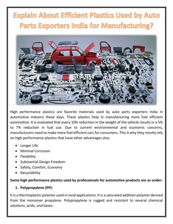 Explain About Efficient Plastics Used by Auto Parts Exporters India for Manufacturing?