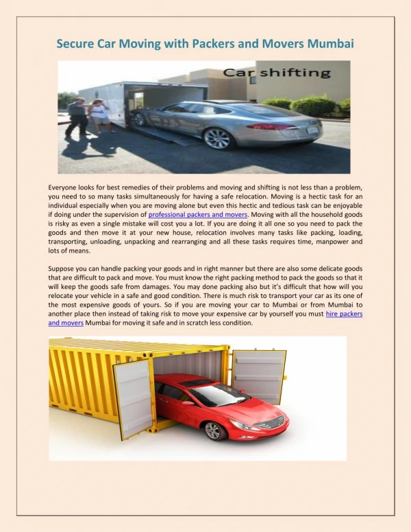 Secure Car Moving with Packers and Movers Mumbai