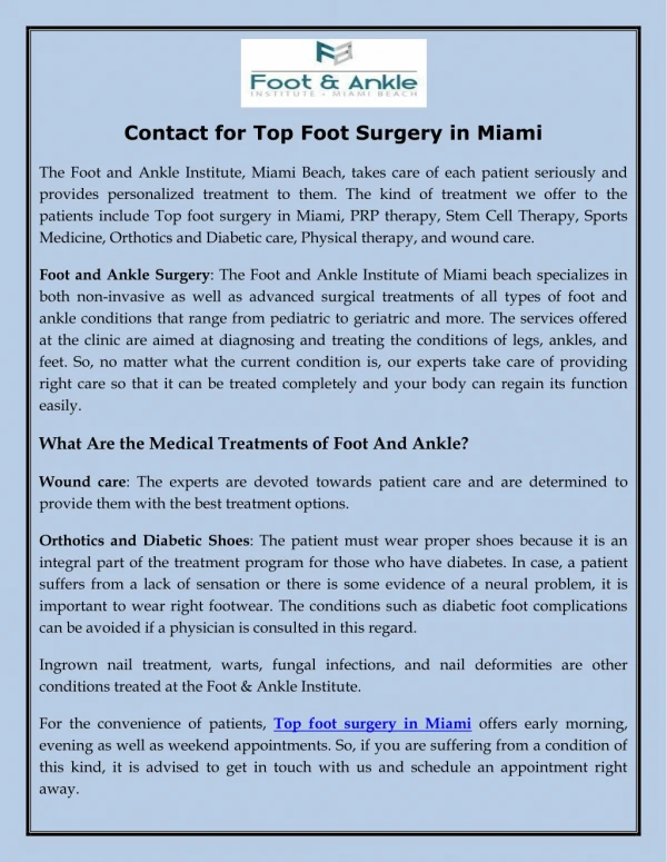 Contact for Top Foot Surgery in Miami