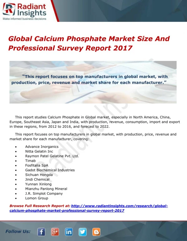 Global Calcium Phosphate Market Size And Professional Survey Report 2017