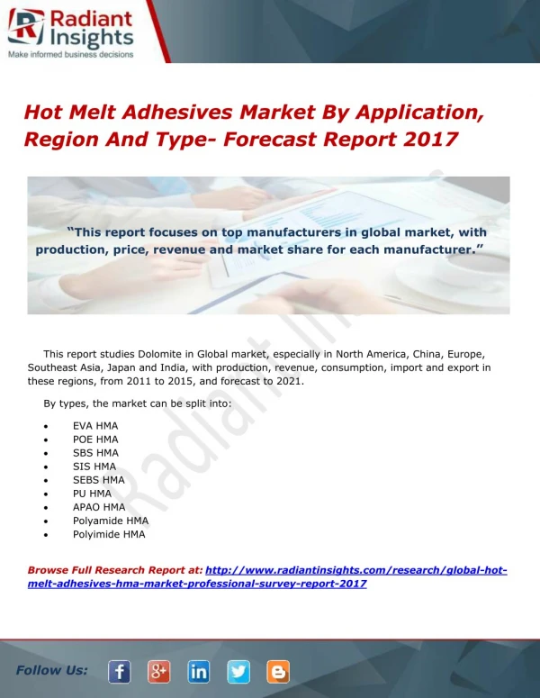Hot Melt Adhesives Market By Application, Region And Type- Forecast Report 2017