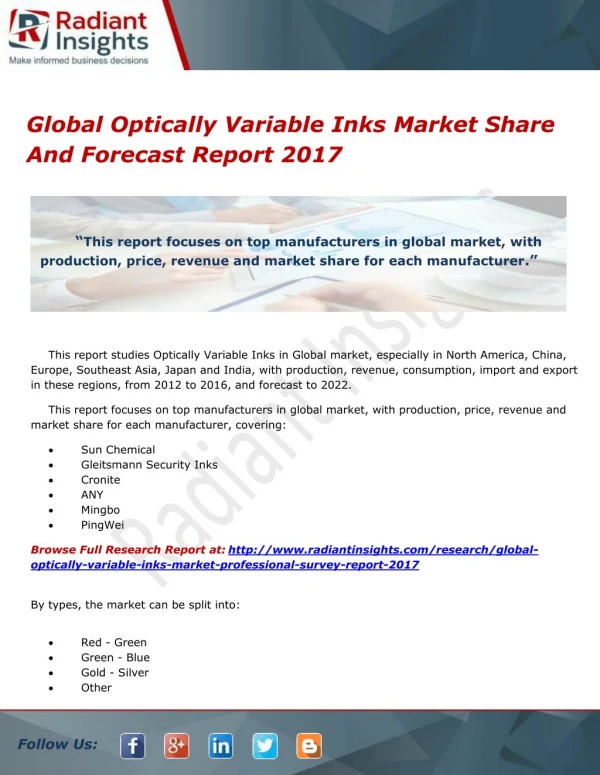 Global Optically Variable Inks Market Share And Forecast Report 2017