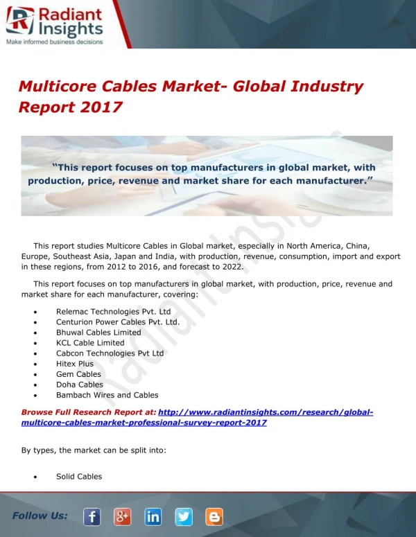 Multicore Cables Market- Global Industry Report 2017