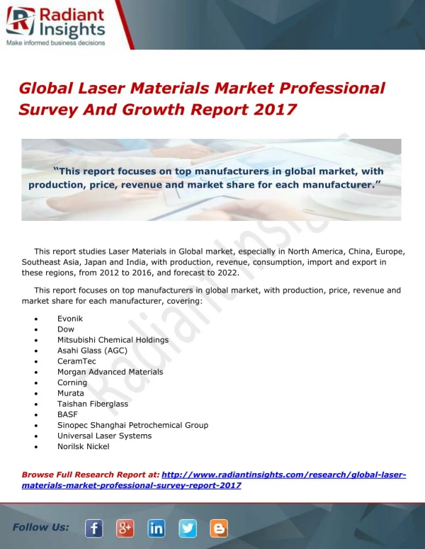 Global Laser Materials Market Professional Survey And Growth Report 2017