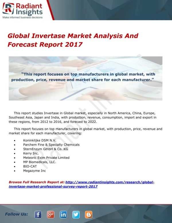 Global Invertase Market Analysis And Forecast Report 2017