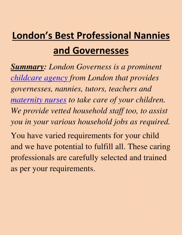 London’s Best Professional Nannies And Governesses