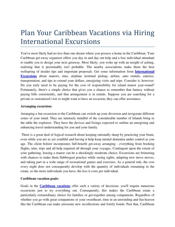 Plan Your Caribbean Vacations via Hiring International Excursions