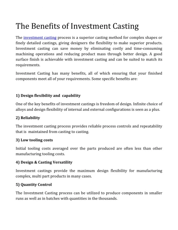 The Benefits of Investment Casting