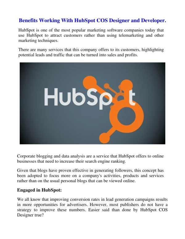 Benefits Working With HubSpot COS Designer and Developer