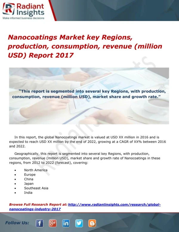 Nanocoatings Market key Regions, production, consumption, revenue (million USD) Report 2017