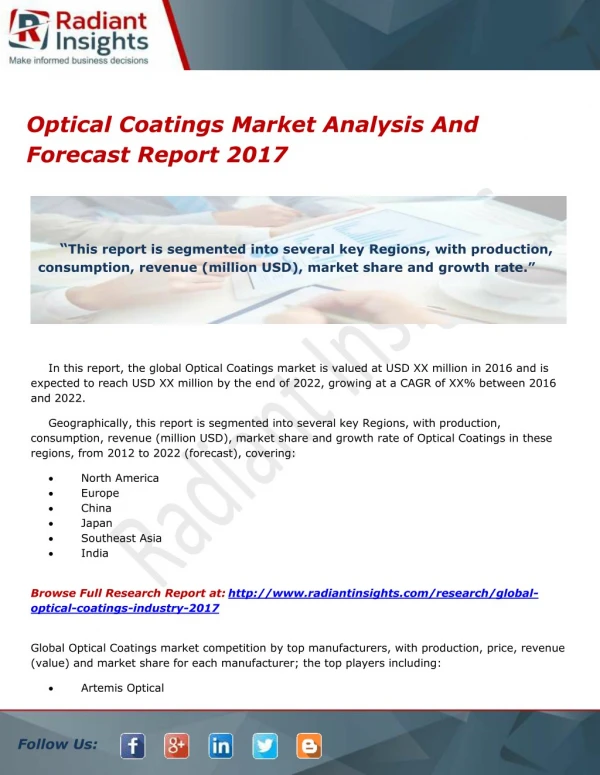 Optical Coatings Market Analysis And Forecast Report 2017