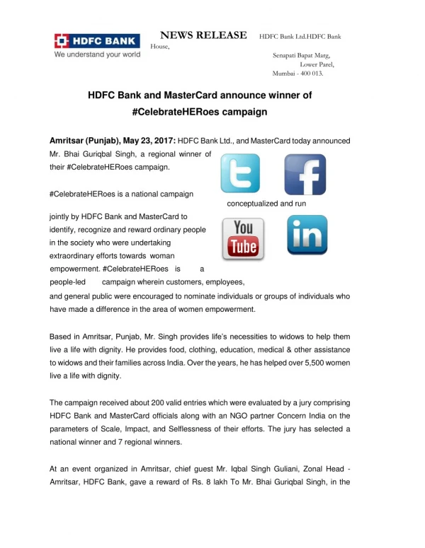 HDFC Bank and MasterCard announce winner of #CelebrateHERoes campaign
