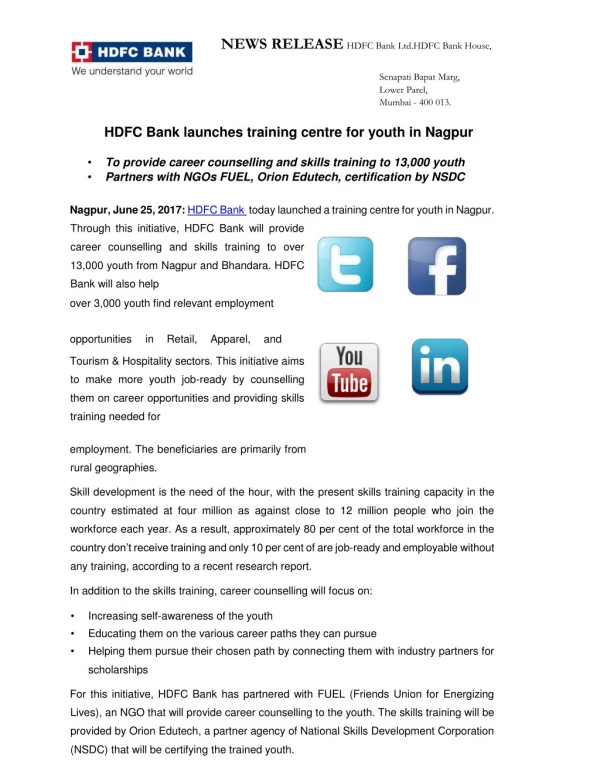 HDFC Bank launches training centre for youth in Nagpur