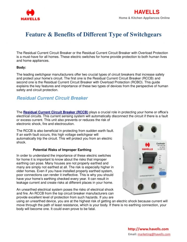 Feature & Benefits Of Different Type Of Switchgears