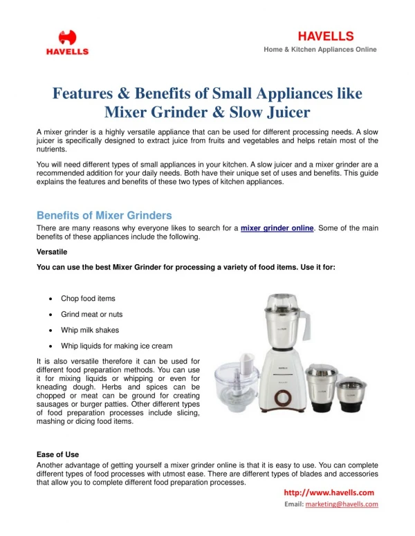 Features & Benefits of Small Appliances like Mixer Grinder & Slow Juicer