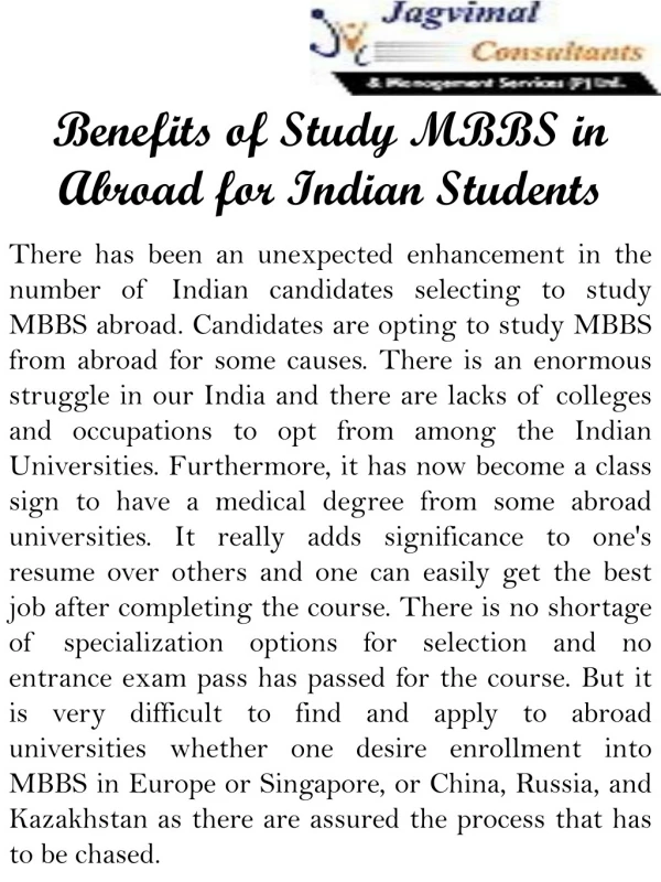 Benefits of Study MBBS in Abroad For Indian Students