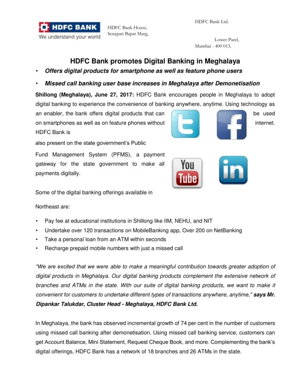 HDFC Bank promotes Digital Banking in Meghalaya