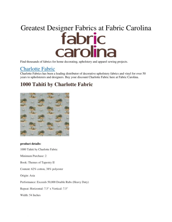 Greatest Designer Fabrics at Fabric Carolina