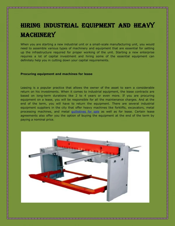 Hiring Industrial Equipment And Heavy Machinery