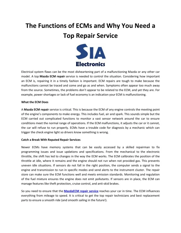 Top Mazda ECM Repair Service - Sia Electronics Inc