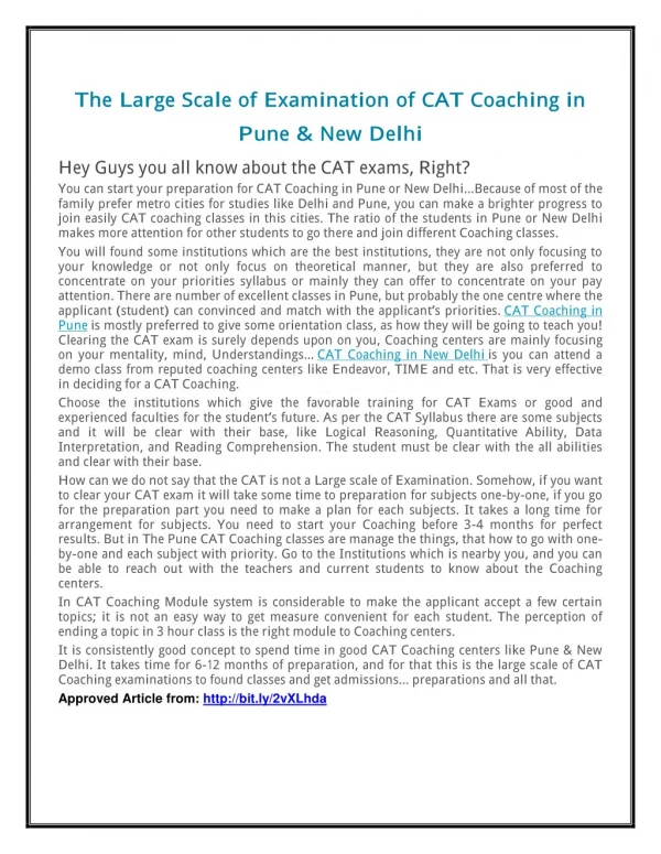 Large Scale of Examination of CAT Coaching in Pune & New Delhi