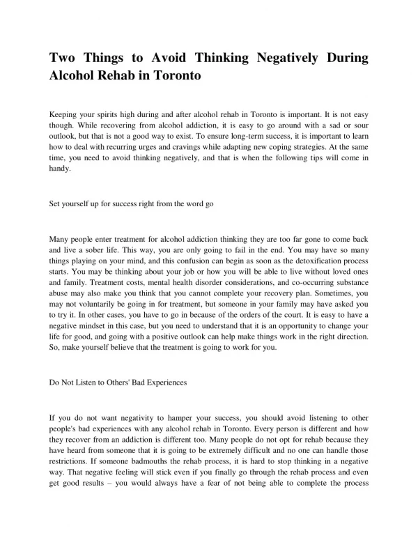 Two Things to Avoid Thinking Negatively During Alcohol Rehab in Toronto