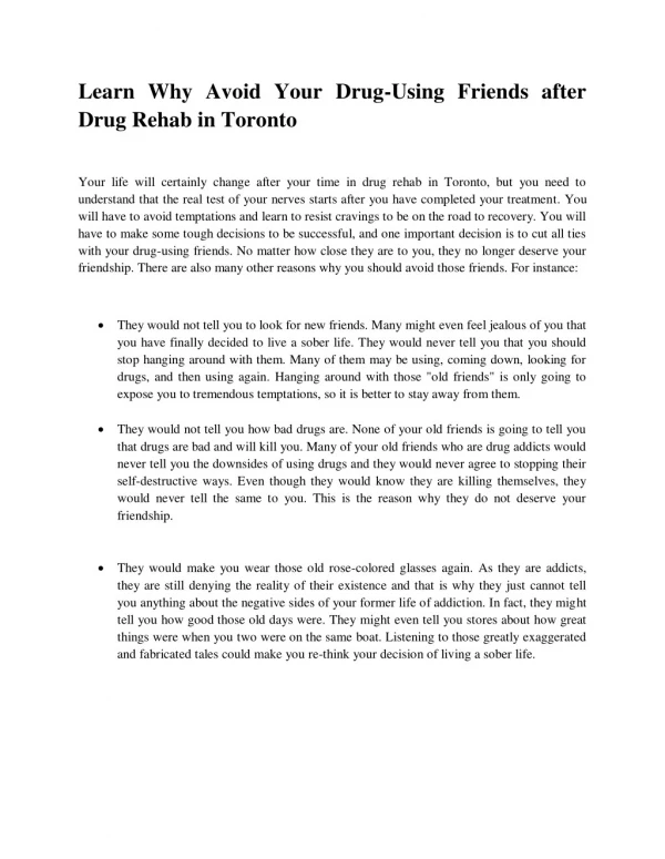 Learn Why Avoid Your Drug-Using Friends after Drug Rehab in Toronto