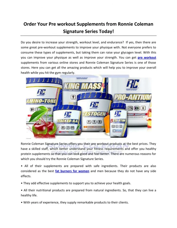 Order Your Pre workout Supplements from Ronnie Coleman Signature Series Today!