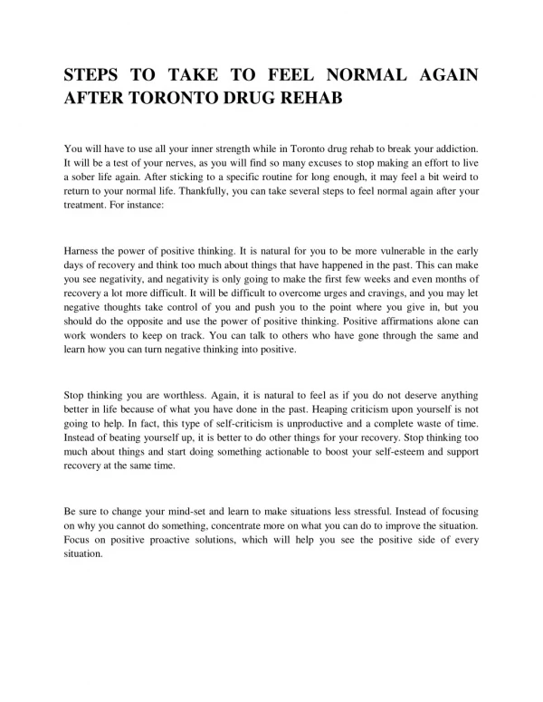 STEPS TO TAKE TO FEEL NORMAL AGAIN AFTER TORONTO DRUG REHAB