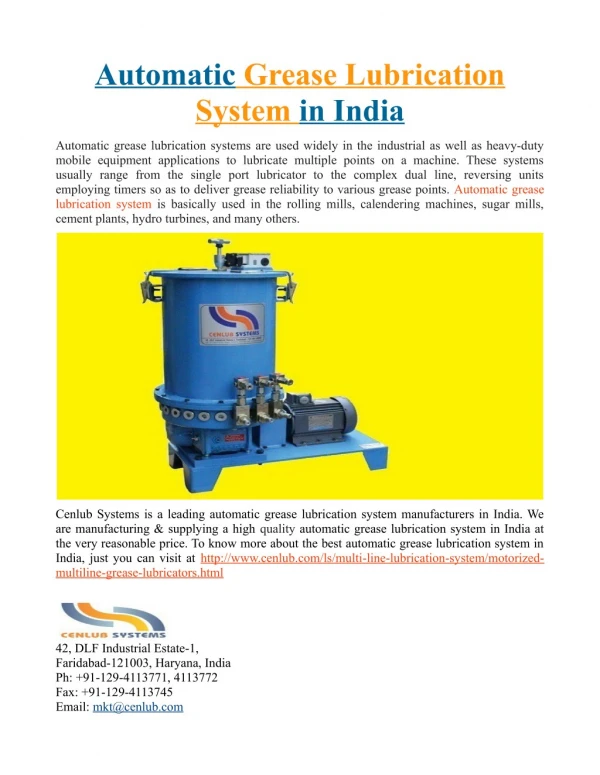 Automatic Grease Lubrication System in India