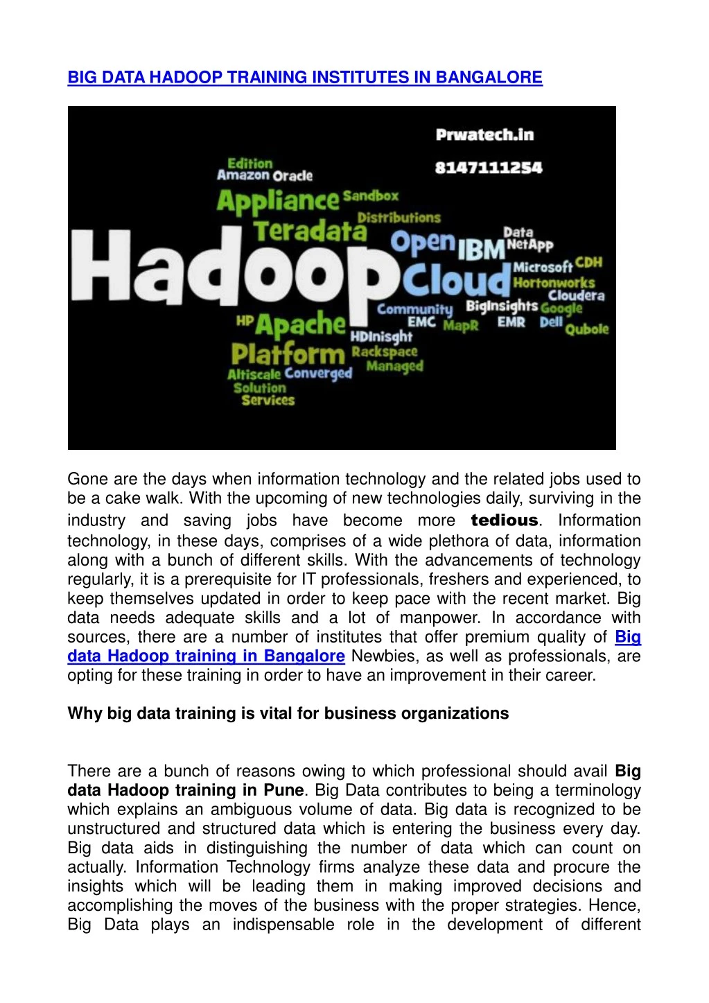 big data hadoop training institutes in bangalore