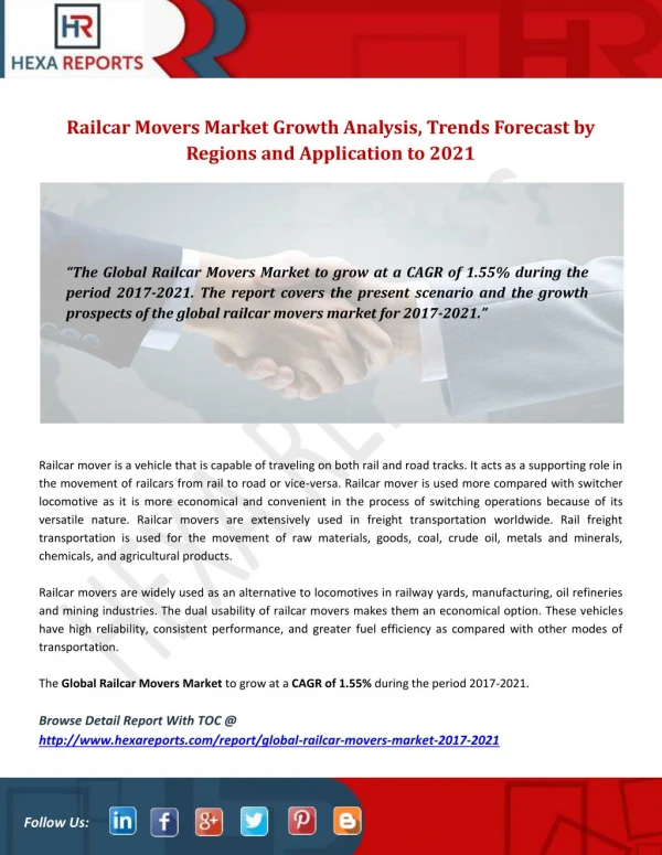 Railcar Movers Market Growth Analysis, Trends Forecast by Regions and Application to 2021