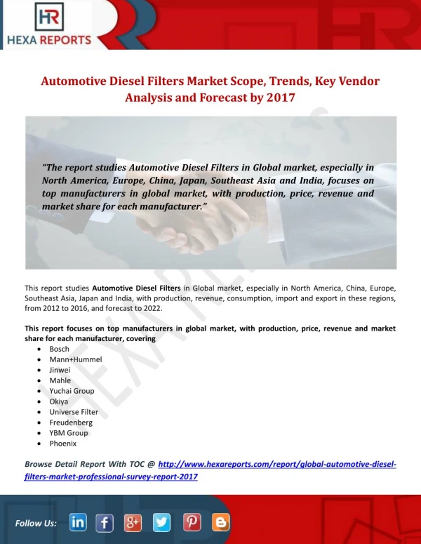 Automotive Diesel Filters Market Scope, Trends, Key Vendor Analysis and Forecast by 2017