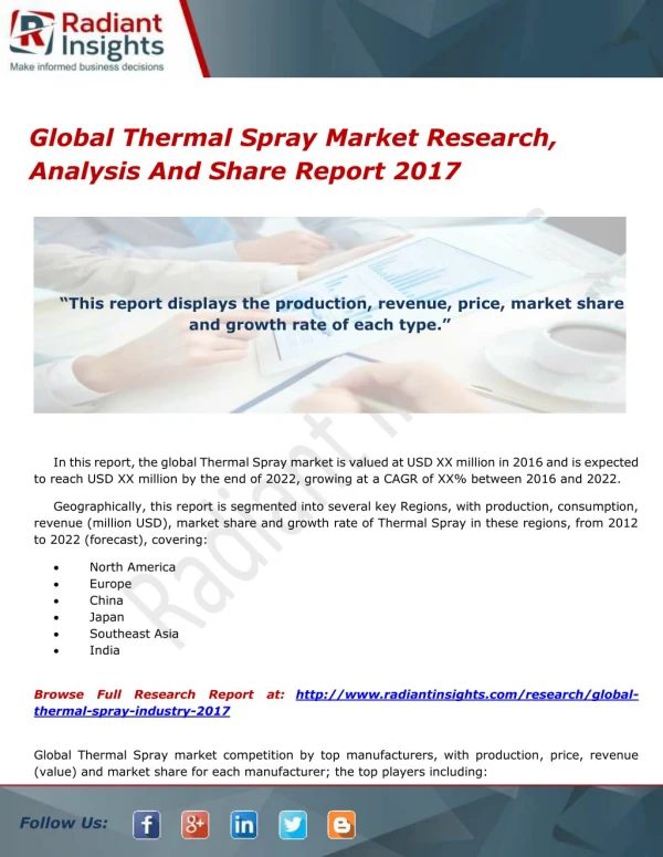 Global Thermal Spray Market Research, Analysis And Share Report 2017