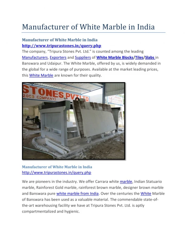 Manufacturer of White Marble in India