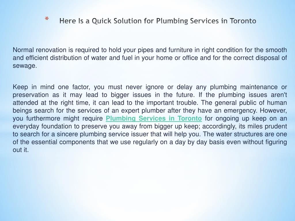 here is a quick solution for plumbing services in toronto
